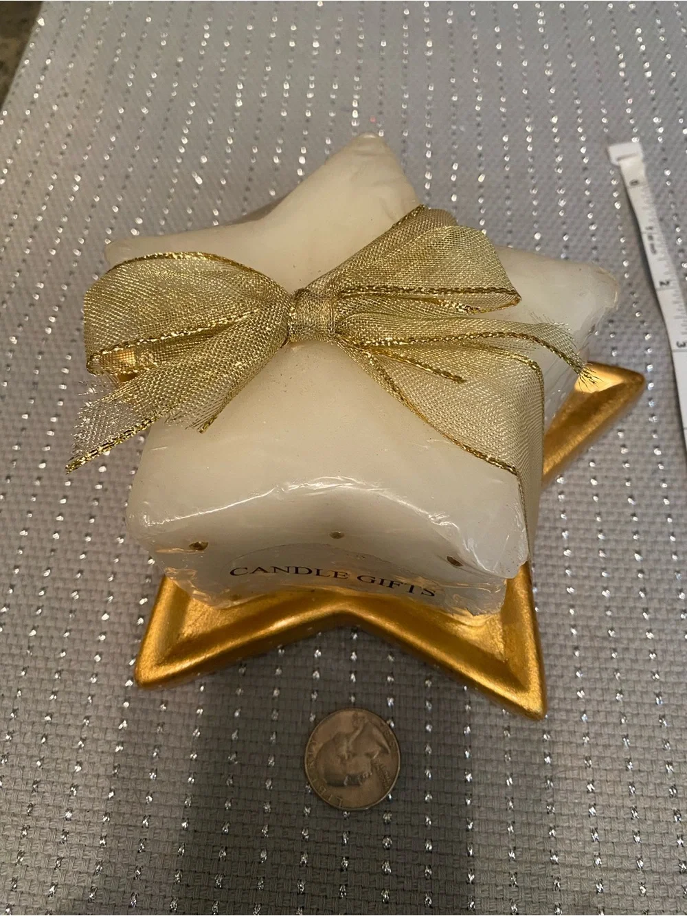 Festive Cream Star Candle with Gold Star Holder and Ribbon